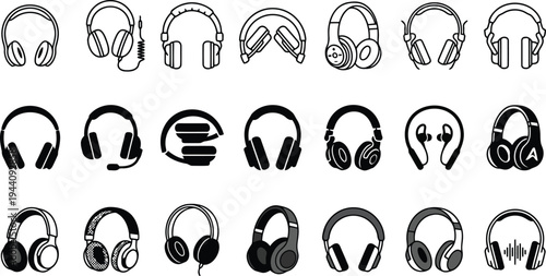 A diverse collection of twentyone stylized headphone icons presented in a grid format for various applications
