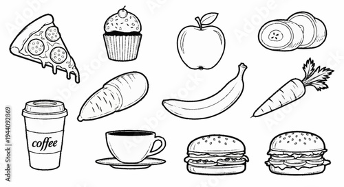 Collection of hand drawn food and drink items illustration.