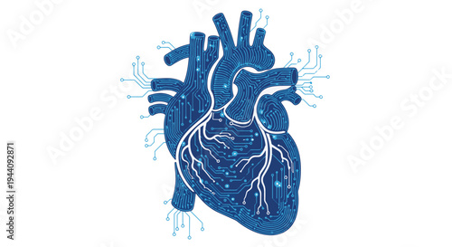 Digital illustration of a human heart with integrated circuit design elements