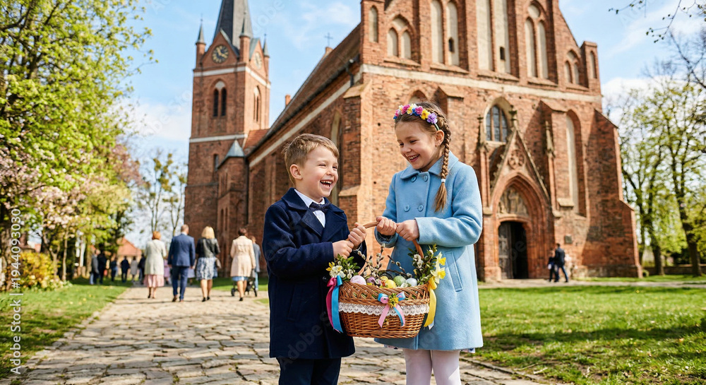 Naklejka premium Dwoje dzieci w odświętnych płaszczach trzymają udekorowany wiklinowy koszyk ze święconką przed kościołem