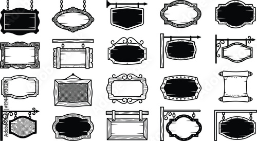 Collection of decorative vintage signboards and frames isolated on a transparent background for design