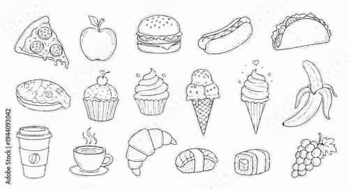 Collection of hand drawn food and drink items in sketch style.