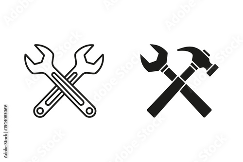 Wrench and hammer icons: outline and solid styles for tools, repair, and construction