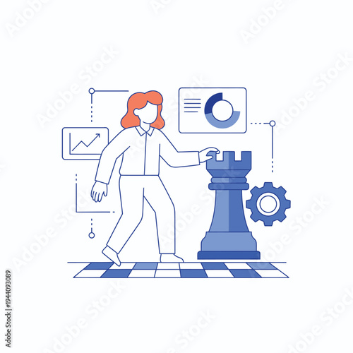Businesswoman strategizing with chess piece and charts.