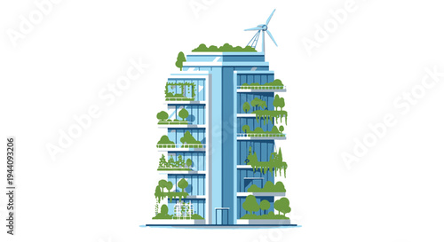 Modern eco-friendly building integrated with renewable energy and greenery