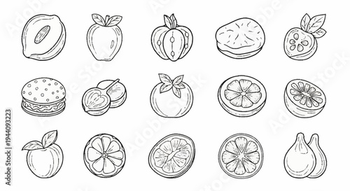 Collection of Hand Drawn Fruit and Vegetable Icons.