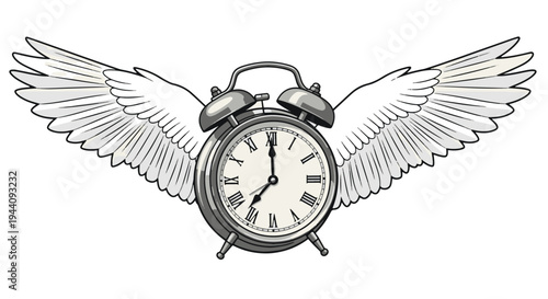 An alarm clock with wings symbolizing time flying by effortlessly