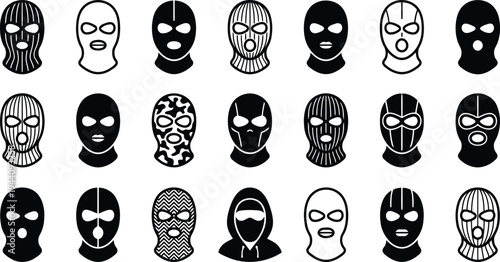 Collection of diverse ski mask and balaclava face covering icons with various patterns and styles