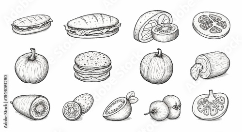 Collection of Hand Drawn Food Items Sketch Style.