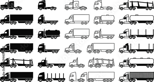 Collection of diverse truck icons and silhouettes representing various freight transportation vehicles for logistics and delivery services