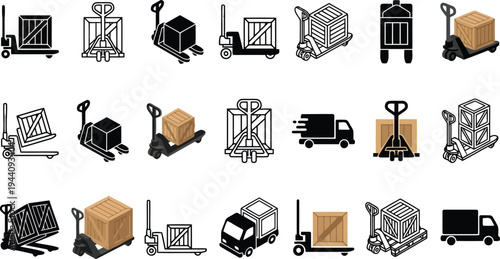 Collection of isometric icons depicting pallet jacks and trucks carrying wooden crates for logistics and delivery services