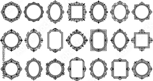 Collection of ornate vintage decorative frames in various circular and rectangular shapes with elegant scrollwork details
