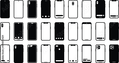 Collection of modern smartphone icons showcasing diverse designs and screen styles isolated on white