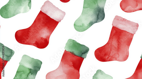 Watercolor Christmas stockings in red and green colors create festive pattern, evoking holiday cheer and warmth