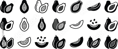 Collection of stylized icon illustrations representing papayas in various forms including whole fruits and slices