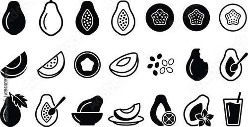 Collection of stylized vector icon illustrations representing various stages of papaya fruit preparation and consumption