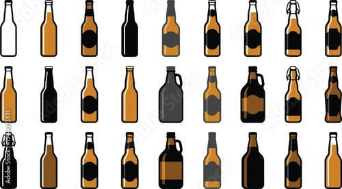 Collection of various illustrated beer bottle and growler designs for beverage branding and graphic design