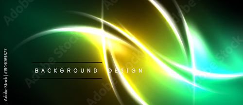 Abstract neon lights create dynamic curves, gradients. Vivid green, yellow hues dominate dark background. Text reads background design.