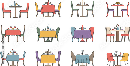 Vector Set of Diverse Restaurant Table Settings with Chairs Wine Bottles and Colorful Linens for Dining Design