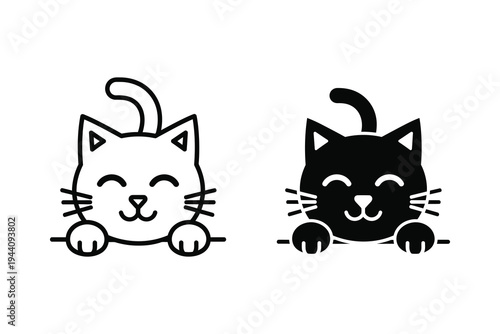 Cute Peeking Cat Face with Paws Line and Solid Icon for Pet Lovers