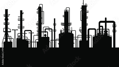 Oil refinery industrial plant silhouette with pipes, towers and storage tanks in minimalist black vector style representing petroleum, energy production and heavy industry.