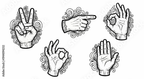 Collection of Hand Gestures in Vintage Style with Ornate Swirls.
