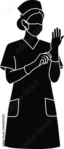 Black vector illustration of female healthcare worker wearing face mask