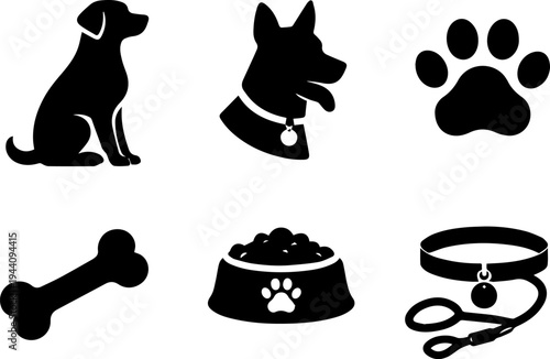 Dog pet care accessories line icons