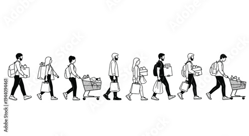 A simple black and white vector graphic illustration depicting a diverse line of people walking while carrying groceries shopping bags and pushing a full cart