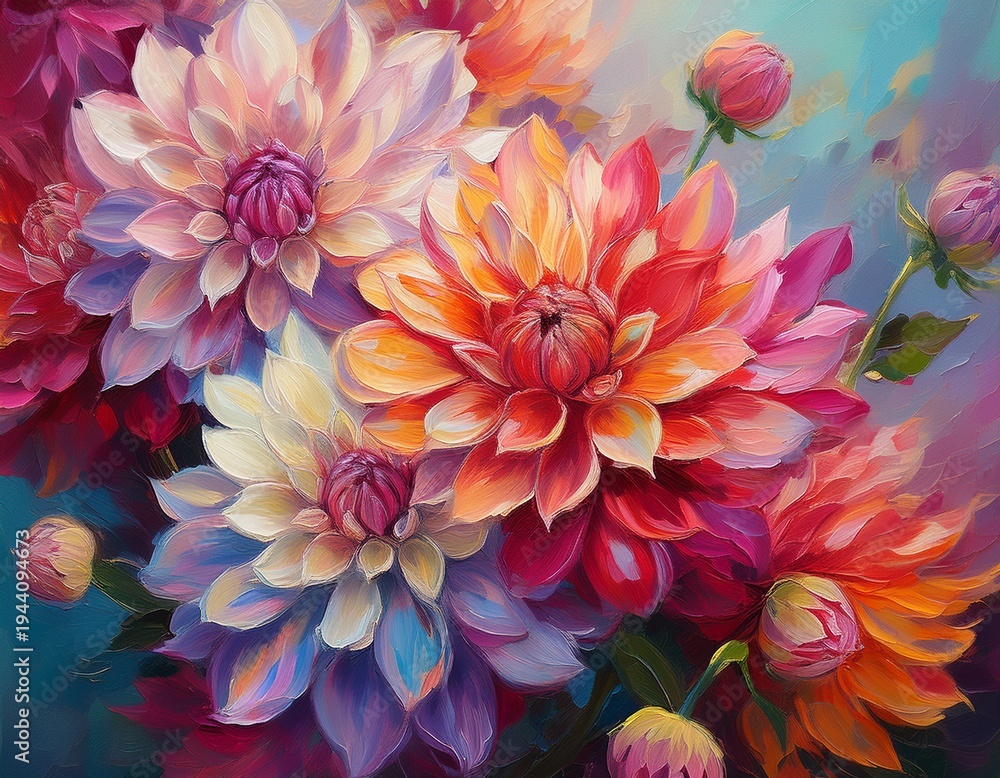 Obraz premium abstract floral background with dahlia flowers oil painting