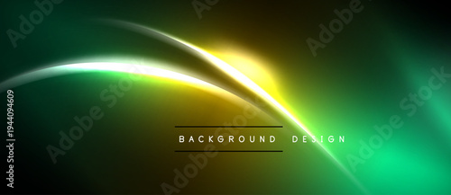 Abstract neon lights create vibrant green, yellow glow. Dark background emphasizes luminous curves, modern design elements.