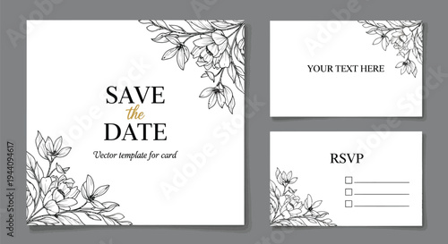 This exquisite vector graphic illustration showcases a harmonious black and white floral stationery set, comprising a "save the date" card, an information card, and an RSVP template, meticulously desi
