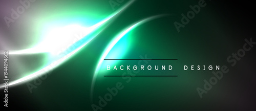 Abstract green light streaks form dynamic background. Bright glow emphasizes curves, creating modern design element.
