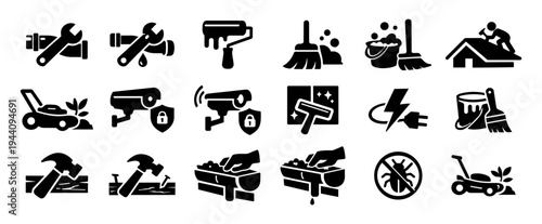 Home Services and Maintenance Icons Set – Plumbing, Electrical, Cleaning, Roofing, Landscaping Silhouettes