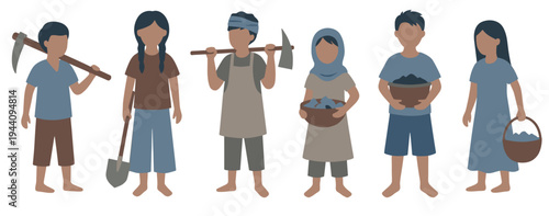 Stop child labour vector concept showing diverse group of young sad kids holding various tools like shovel and pickaxe representing agriculture and mining exploitation