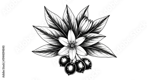 Detailed black and white vector illustration showcases a blooming star-shaped flower surrounded by large textured leaves above a cluster of four prominent dark berries suggesting botanical art.