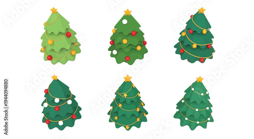 Collection of six festive stylized green christmas tree vector illustrations adorned with various colorful ornaments and golden star toppers isolated on white