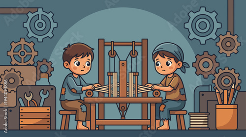 Industrial Child Labour Vector Illustration Featuring Two Sad Young Kids Working Hard at a Textile Loom Machine Surrounded by Gears representing Factory Exploitation Concept
