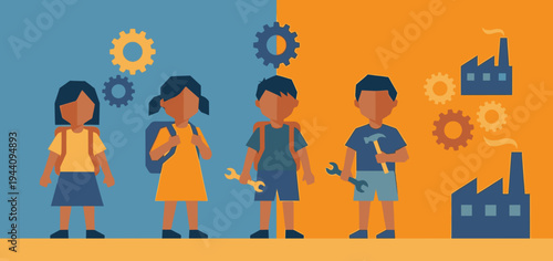 Education Versus Child Labour Vector Concept Showing the Contrast Between School Kids with Backpacks and Young Factory Workers with Tools Choice Between Study and Exploitation