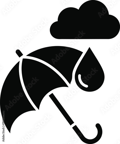 Black silhouette of an umbrella with a raindrop and cloud