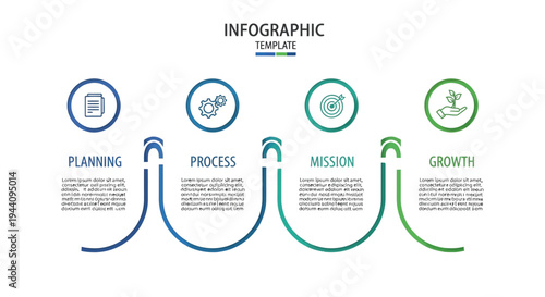 Vector infographic template illustrating four sequential steps including planning process mission and growth stages using clean modern rounded banners and simple icons