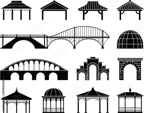 Architectural silhouette icon set featuring gazebos, bridges, arches and domes in minimalist black vector style, collection of historic structures for design, travel and architecture projects.