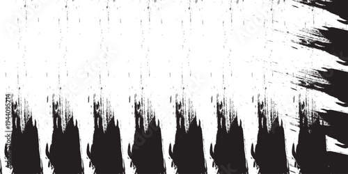 Minimalist black-and-white abstract stroke, with dense ink coverage on one side transitioning into fragmented textures and scattered specks as it moves outward. The artwork symbolizes fading, erosion
