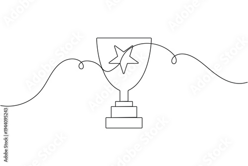 Top winner trophy with star sign icon continuous one line drawing on white background minimalist award symbol outline vector illustration