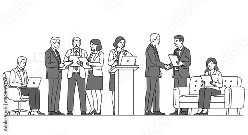 Black and white vector illustration depicting a diverse group of business professionals engaged in various corporate activities including a presentation a handshake agreement and document review sessi