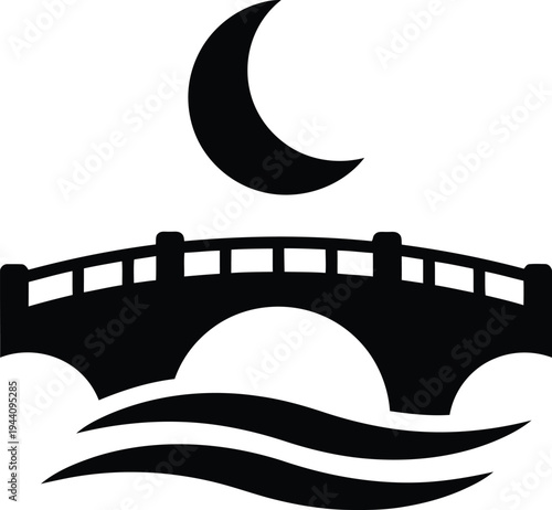 A serene black silhouette of a bridge under a crescent moon
