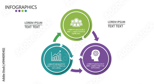 Dynamic three-step circular infographic vector illustration for business presentations, strategic planning, and workflow visualization, featuring distinct icons representing collaboration, data analys
