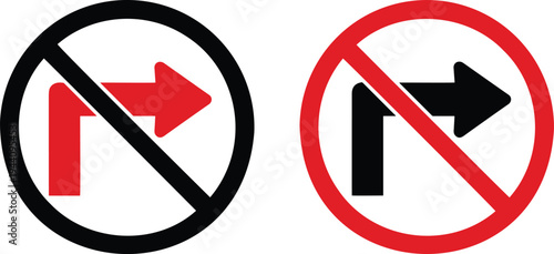 No right turn traffic prohibitory sign vector collection featuring red and black circular warning symbols for road safety and navigation.
