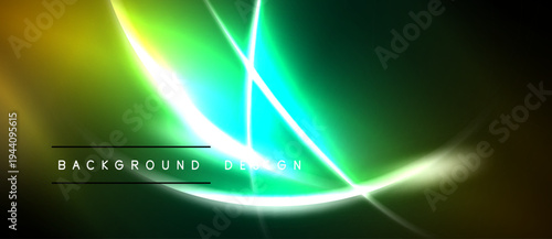 Vibrant abstract background features glowing lines, gradients. Green, yellow hues dominate design, creating dynamic visual effect.