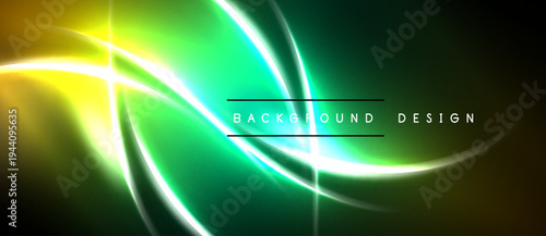 Abstract neon lines create vibrant green, yellow glow. Dark background emphasizes bright curves, modern design elements.